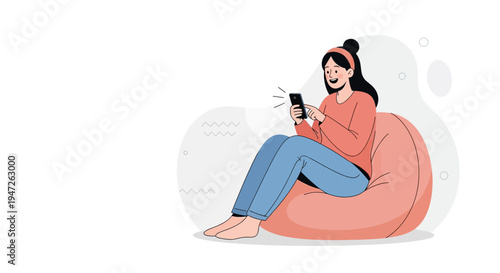 Woman Relaxing on Beanbag Chair Using Smartphone, Casual Lifestyle Illustration