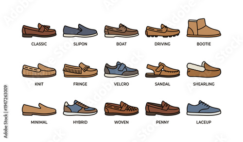 Diverse men's shoe styles collection: classic, slip-on, boat, driving, bootie, knit, fringe