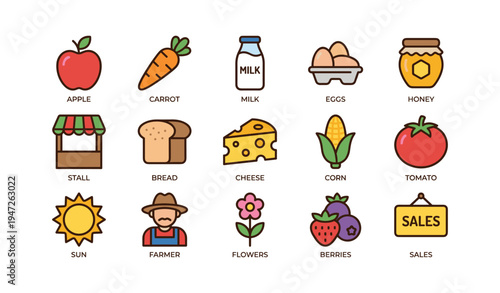 Colorful farmers market icons featuring produce, dairy, and farmer representation