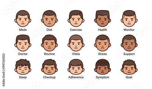 Diverse male avatars representing healthcare concepts and emotions