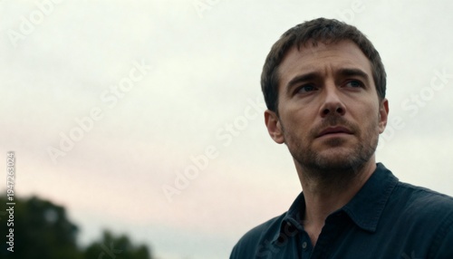 Gazing adult man in dark collared shirt looking left at overcast sky and treeline, copy space