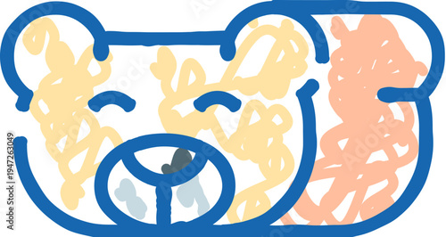 Stylized teddy bear head with blue outline and colorful scribbled crayon textures, playful doodle style illustration evoking childhood creativity, innocence, and happy playtime
