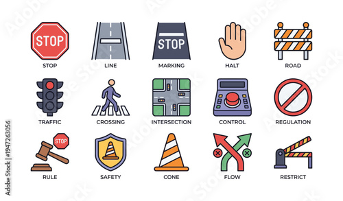 Traffic and road safety icons for signs and regulations