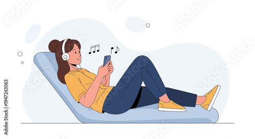 Woman Relaxing on Lounger Listening to Music on Phone with Headphones