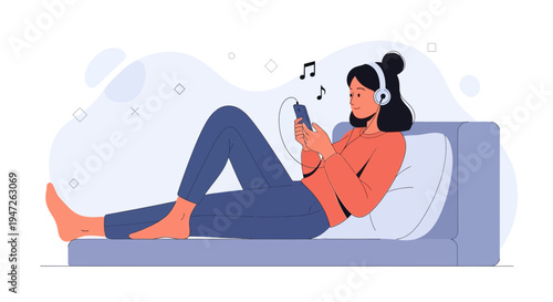 Woman Relaxing on Sofa Listening Music on Smartphone with Headphones