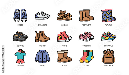Variety of footwear and accessories for kids including sneakers, sandals, boots, and backpack