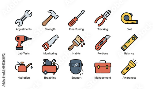 Set of tools and equipment icons representing various activities and concepts in vector style