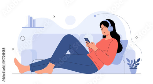 Woman Relaxing on Sofa Listening Music with Headphones and Using Smartphone