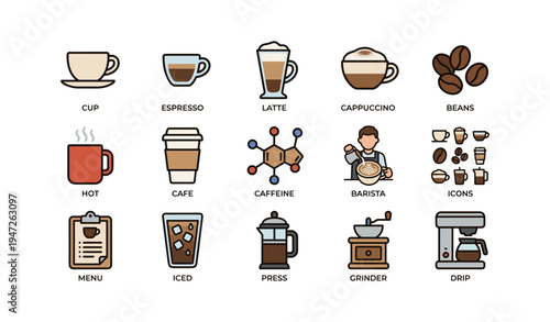 Coffee icons: espresso, latte, cappuccino, barista, coffee beans collection