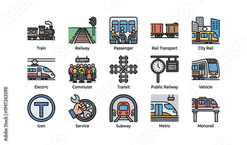 Rail transport icons: train, railway, passenger, subway, metro, monorail