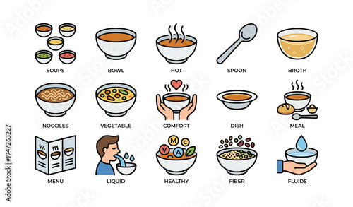 Variety of soups and related icons including broth, noodles, and healthy ingredients