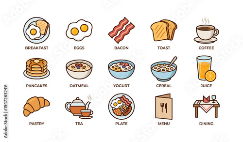 Illustrated breakfast foods: eggs, bacon, toast, coffee, pancakes, oatmeal, yogurt, cereal, juice