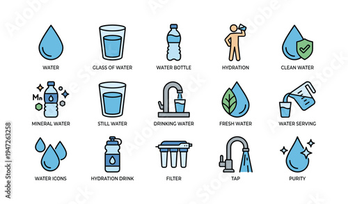 Water icons set featuring hydration, drink, tap, filter, and purity symbols