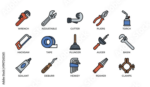 Assorted plumbing tools: wrench, pliers, torch, hacksaw, tape, plunger, auger, basin, sealant, deburr, hex key, reamer, clamps