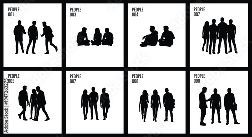 People, silhouettes, group, interaction, communication, walking, sitting, standing, teamwork, lifestyle, social, men, women, figures, characters, collection, isolated, meeting, discussion, set