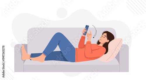 Woman relaxing on sofa, using smartphone, enjoying leisure time at home