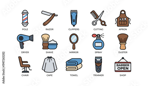 Barber tools: pole, razor, clippers, scissors, apron, dryer, shaving, mirror, spray, duster, cape, towel, trimmer, barber shop