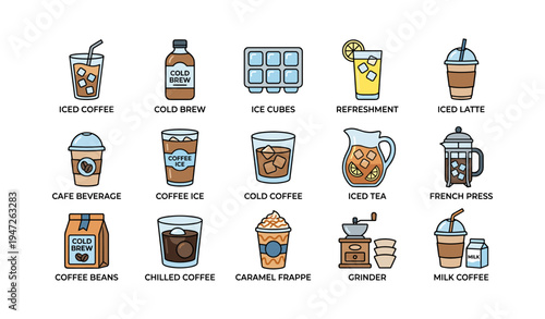 Variety of cold coffee drinks and accessories including iced latte and cold brew