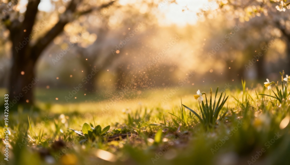 Obraz premium Focusing white-yellow daffodil-like cluster in grass, showing pollen and sunlit bokeh, copy space