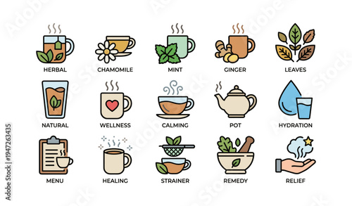 Herbal tea icons collection featuring mint, ginger, chamomile, and wellness symbols