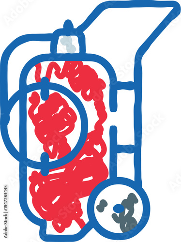 Illustration of a push lawn mower showing its internal mechanism with red tangled elements and a detailed view of dirt and debris collected during use