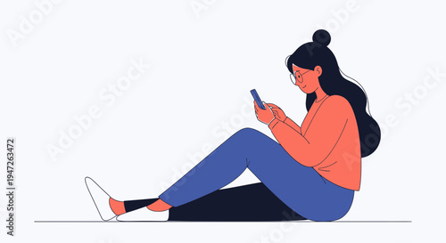 Woman Sitting on Floor Using Smartphone, Relaxed Pose, Casual Style