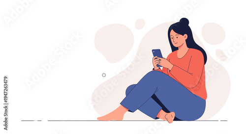 Woman Sitting on Floor Using Smartphone, Relaxed Lifestyle Illustration