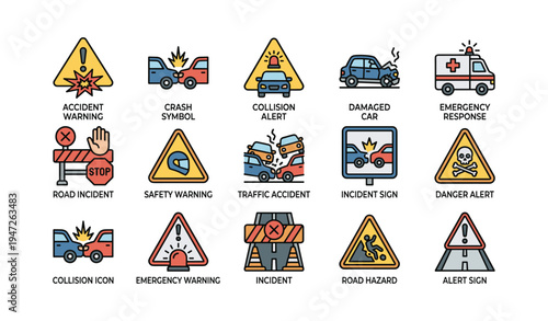 Accident warning and safety signs icons: traffic alert, hazard, emergency response