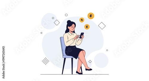 Woman using smartphone for online banking with coins falling