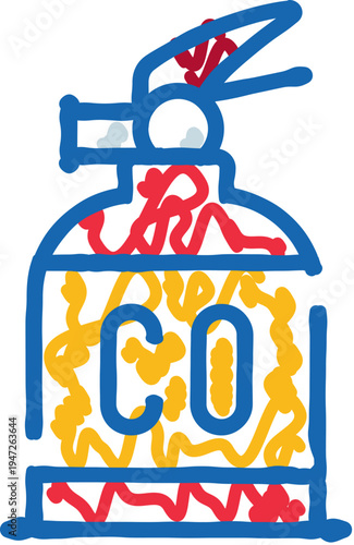 Fire extinguisher labeled co2 doodle icon, carbon dioxide gas cylinder sketch representing emergency fire safety, protection equipment and hazard alert in hand drawn outline style