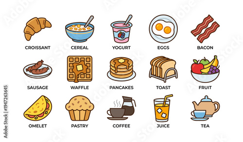 Illustrated breakfast foods: croissant, cereal, yogurt, eggs, bacon, sausage, waffle, pancakes