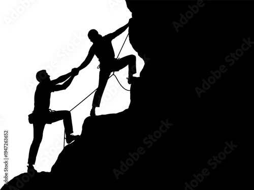 Black silhouette of two climbers helping each other climb a steep mountain cliff representing teamwork, support, partnership, and reaching success through mutual effort and adventure.