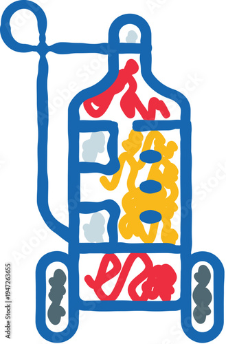 Diving oxygen cylinder on wheels with internal components, drawn in a doodle style, outlining essential equipment for underwater exploration and safety