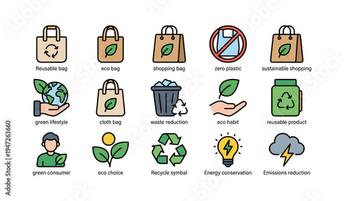 Eco-friendly shopping and sustainability icons: reusable bags and green lifestyle