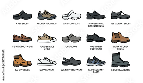Variety of professional kitchen shoes and footwear for culinary service and safety