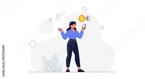 Woman using smartphone for online banking, money and cryptocurrency concept