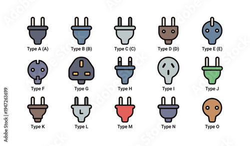 Variety of international plug types with labels and icons
