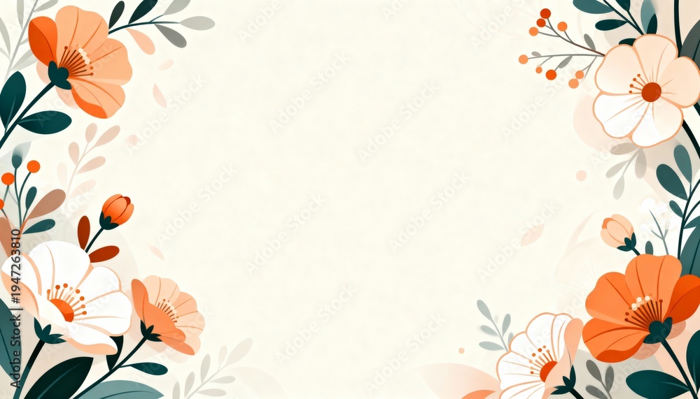Fototapeta premium Framing central cream textured space on stationery, featuring stylized orange peach white flowers