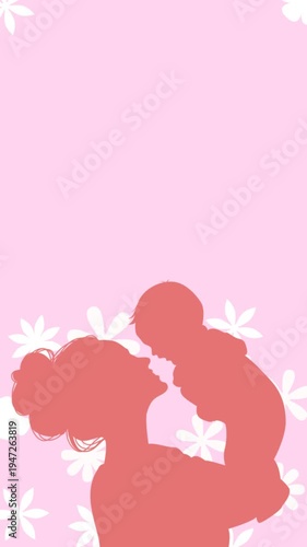 Mother baby silhouette, vertical portrait 2D vector animation for social media stories and reels, pink floral background with top copy space loop.