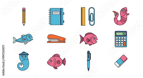 Colorful school supplies and aquatic creatures