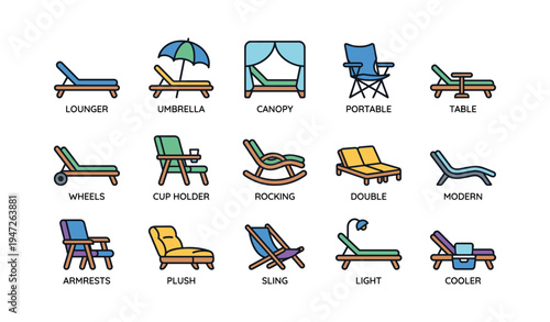 Collection of colorful outdoor chairs and accessories illustration