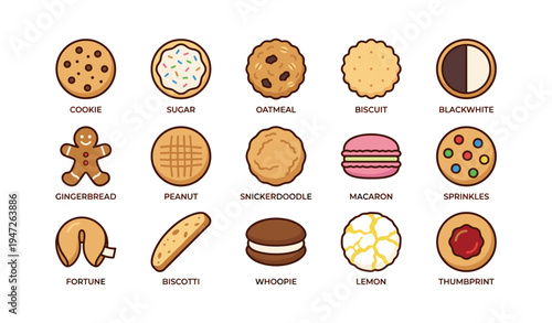 Various cookie types including biscuit, macaron, and gingerbread on white background