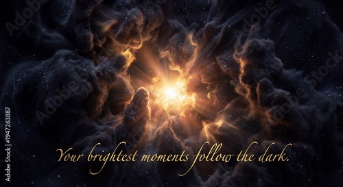 Brilliant golden star being born inside a dark cosmic nebula, featuring a typography quote about finding light and growth after dark times.