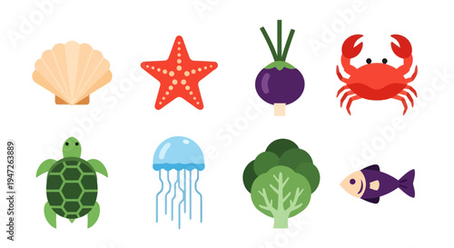 Colorful sea creatures and plant icons