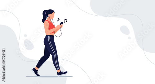 Woman walking with headphones and smartphone, listening to music, healthy lifestyle
