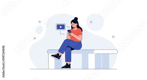 Woman watching video on smartphone, sitting on bench, modern illustration, technology concept