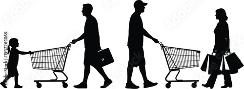 shopping, silhouettes, people, shoppers, cart, retail, supermarket, consumer, bags, family, lifestyle, buying, customers, market, walking, urban, purchase, store, set, illustration