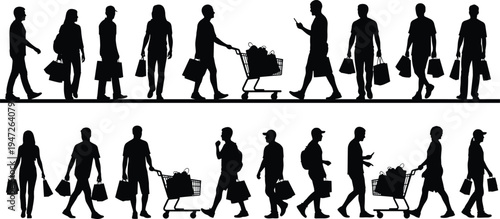 shopping, people, silhouettes, shoppers, retail, walking, bags, supermarket, cart, consumers, urban, lifestyle, buyers, customers, crowd, isolated, black, figures, set, illustration