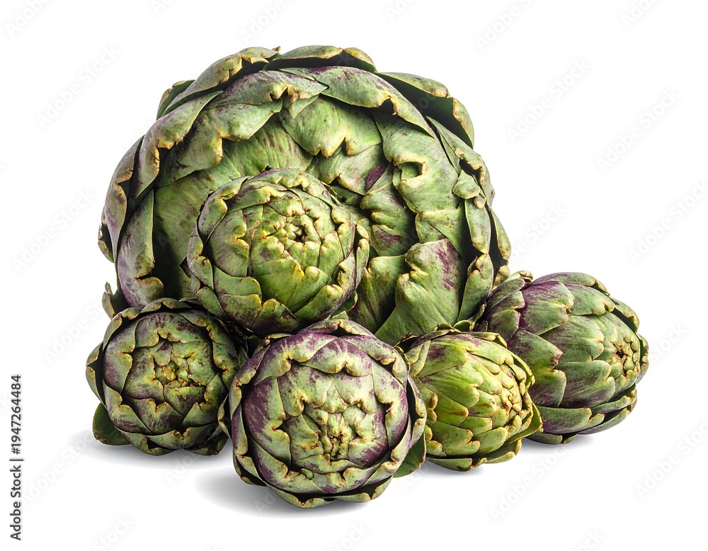 Fototapeta premium Group of artichokes one large and several smaller ones, stacked together, on a white background, casting shadows