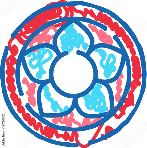 Abstract flower pattern in a blue circular outline with red, pink, and light blue scribbles filling the shapes, creating a messy and playful doodle art illustration